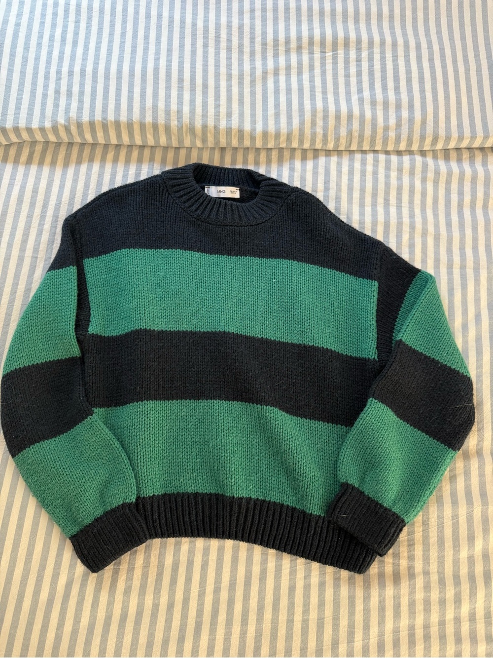 Mango Men's Green and navy Striped Crewneck Sweater